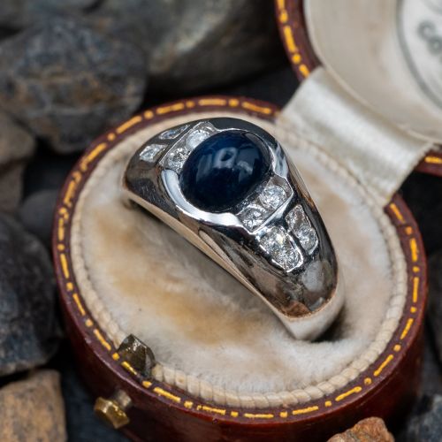 Cabochon Blue Sapphire & Diamond Ring 14K White Gold