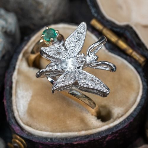 Emerald Butterfly Ring w/ Diamonds 14K Yellow & White Gold