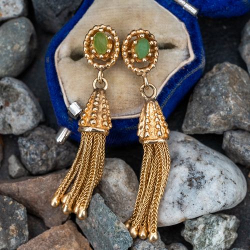 Oval Jadeite Jade Tassel Earrings 14K Yellow Gold