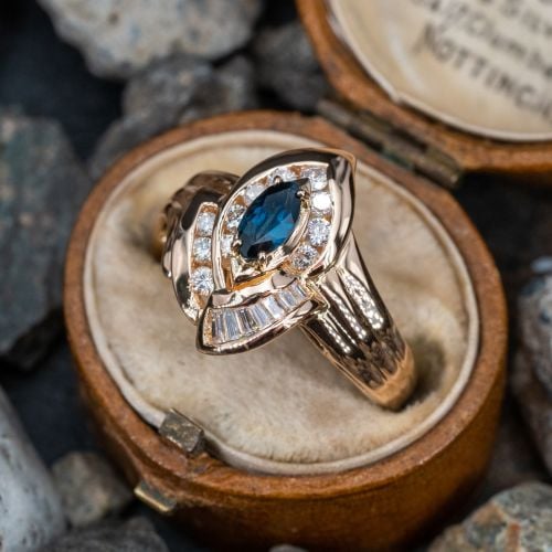 Marquise Cut Blue Sapphire & Diamond Engagement Ring 14K Yellow Gold