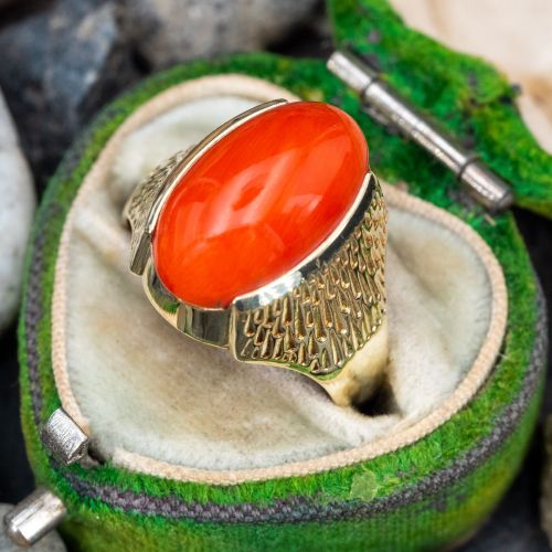 Oval Cabochon Cut Red Coral Ring 14K Yellow Gold