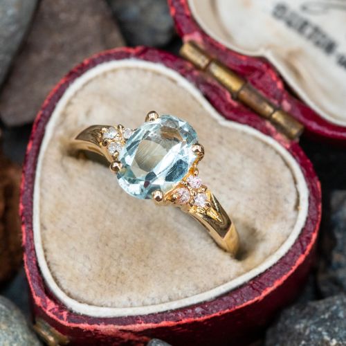 Oval Aquamarine Ring w/ Diamond Accents 14K Yellow Gold