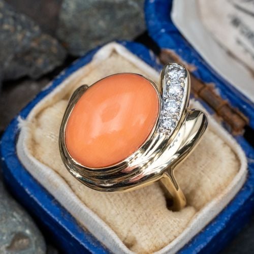 Beautiful Coral Ring w/ Diamond Accents 14K Yellow Gold