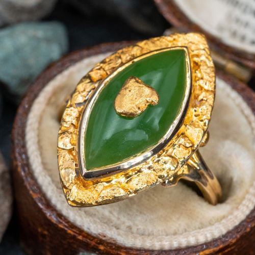 Vintage Nephrite Jade Gold Nugget Ring Yellow Gold