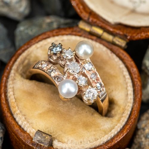 Gorgeous Diamond & Pearl Bypass Ring Yellow Gold