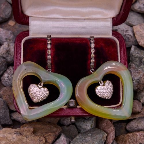 Diamond & Carved Agate Heart Dangle Earrings 18K White Gold