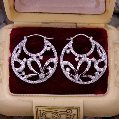 Circular Floral Diamond Earrings 18K White Gold