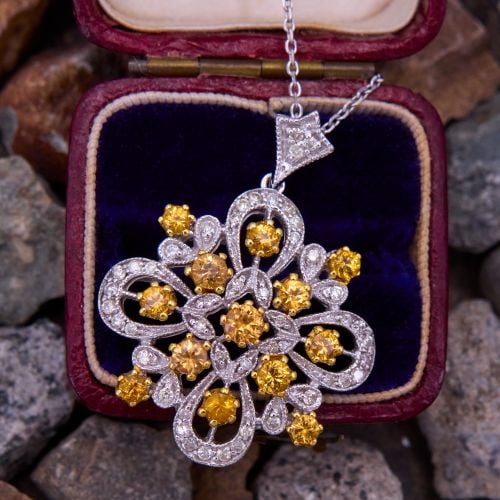 Detailed Yellow Sapphire Dangle Pendant Necklace 14K Two Tone Gold