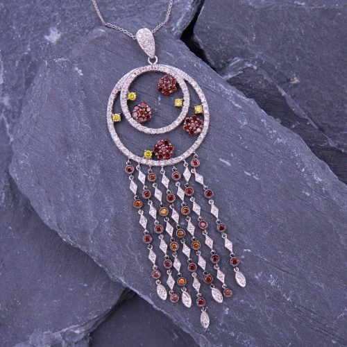 Detailed Diamond Dangle Pendant Necklace 18K White Gold 