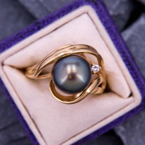 Tahitian Pearl Ring w/ Accent Diamond 14K Yellow Gold