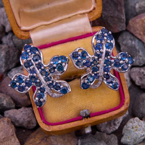Leaf Motif Sapphire Earrings 18K White Gold