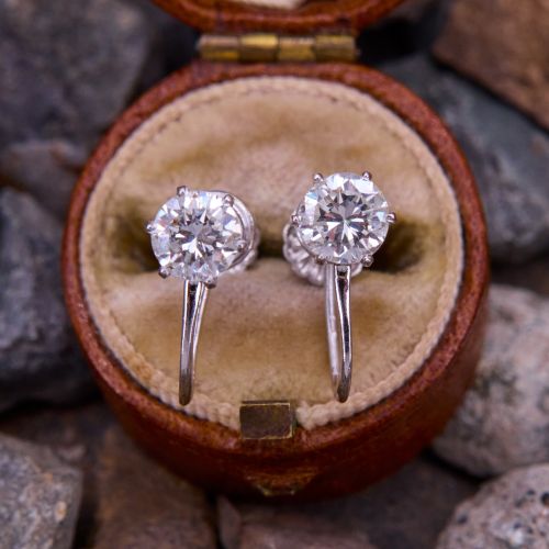 Vintage Screw On Diamond Stud Earrings 14K White Gold
