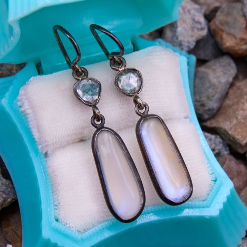 Rose Cut Diamond & Moonstone Dangle Earrings Sterling Silver