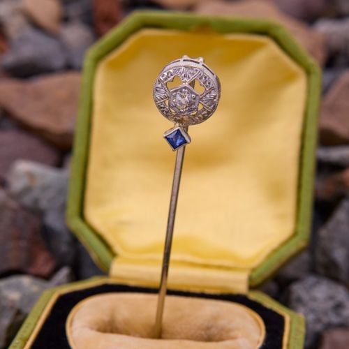 Engraved Art Deco Diamond Stick Pin 14K White Gold