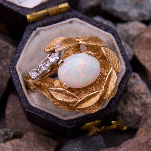 Vintage Leaf Motif Opal & Diamond Ring 14K Yellow Gold