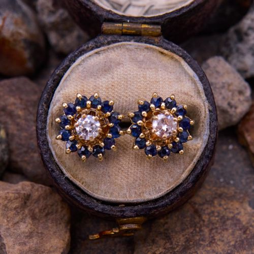 Diamond Stud Earrings w/ Sapphire Earring Jackets 14K Yellow Gold