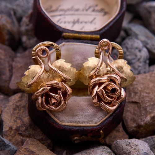 Vintage Austrian Rose Flower Earrings 14K Rose & Yellow Gold