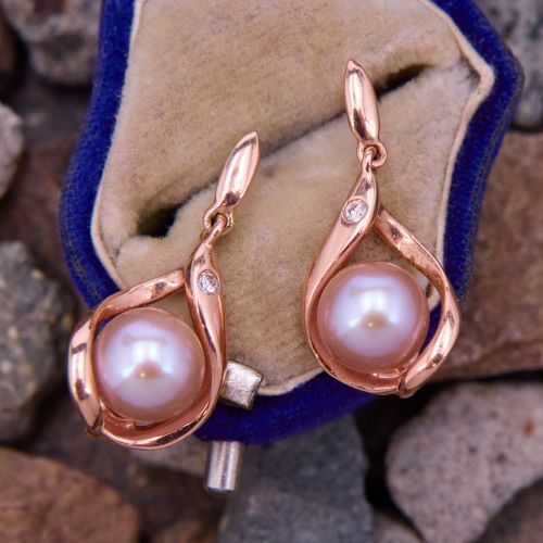 Blush Pink Pearl Dangle Earrings 14K Rose Gold