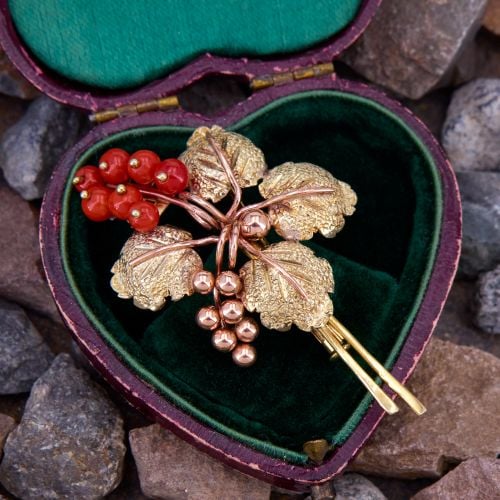 Vintage Austrian Grape Vine Motif Brooch w/ Coral Beads 14K Gold