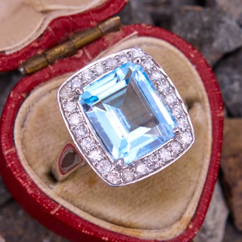 Emerald Cut Topaz Ring w/ Diamond Halo 14K White Gold