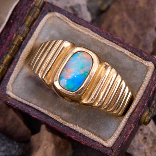 Fluted Shoulder Australian Opal Ring 14K Yellow Gold