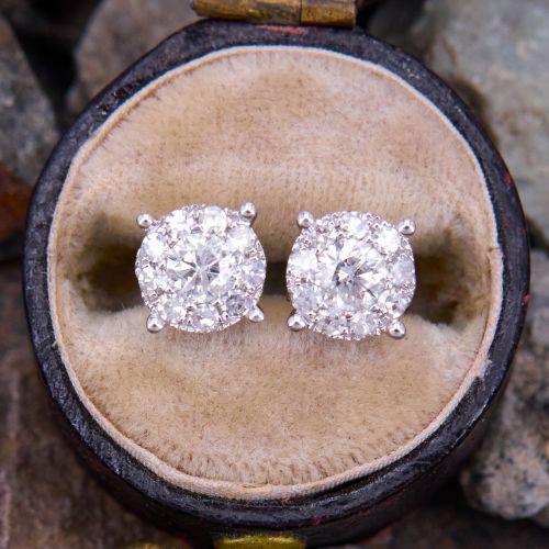 Diamond Cluster Stud Earrings 14K White Gold