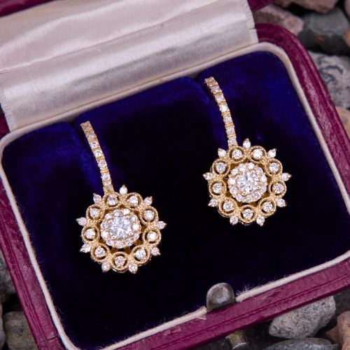 Regal Round Diamond Drop Earrings 14K Yellow Gold