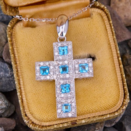 Blue Topaz Cross Pendant Necklace 18K White Gold