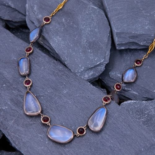 Moonstone Station Necklace 18K Yellow Gold & Sterling Silver