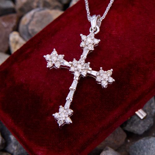 Diamond Cross Pendant Necklace 14K White Gold