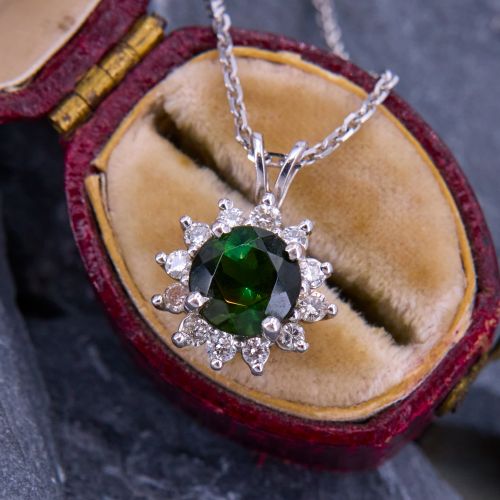 Green Tourmaline Pendant Necklace w/ Diamond Halo 14K White Gold