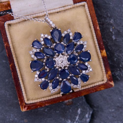 Floral Diamond Sapphire Pendant Necklace 14K White Gold