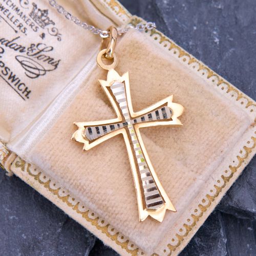 Textured Cross Pendant Necklace Two-Tone 18K Gold