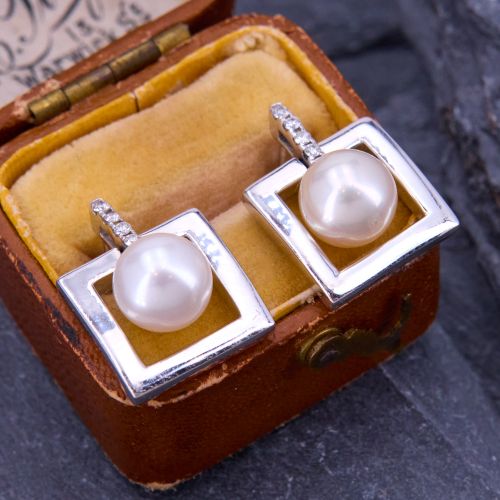 Framed Pearl Drop Earrings 14K White Gold