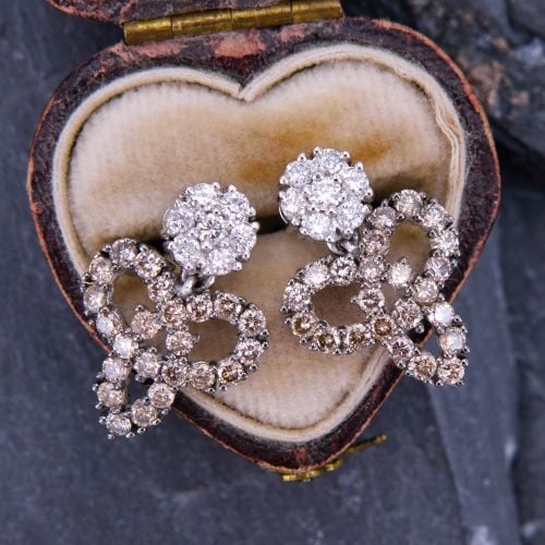 Champagne Diamond Knot Dangle Earrings 18K White Gold 