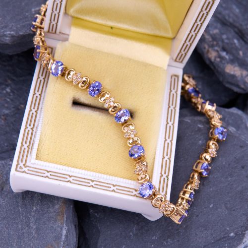 Detailed Tanzanite & Diamond Bracelet 14K Yellow Gold