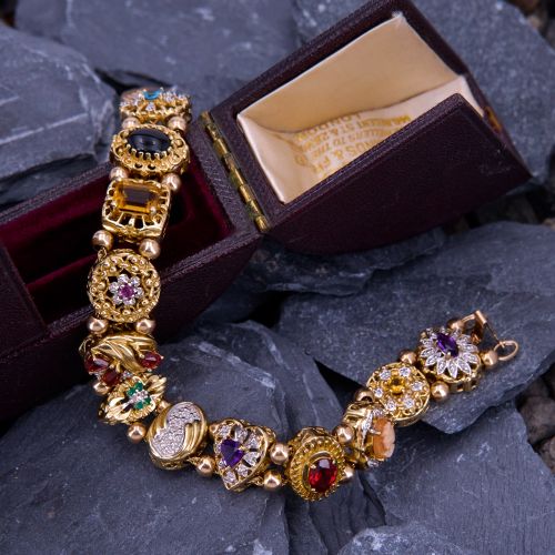 Victorian Revival Vintage Gemstone Slide Bracelet Yellow & White Gold