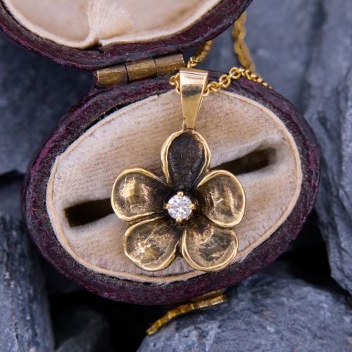 Antiqued Diamond Flower Pendant Necklace 14K Yellow Gold