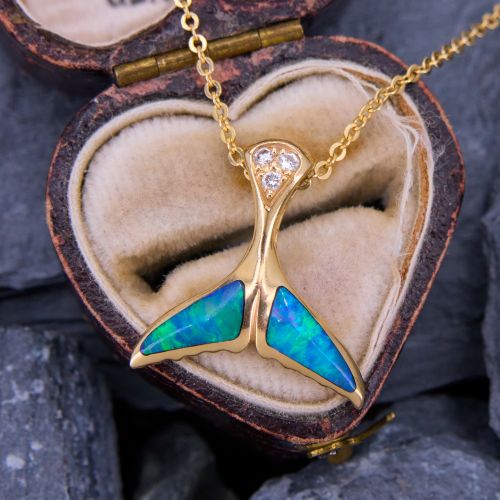 Kabana Diamond & Opal Whale Tail Pendant Necklace 14K Yellow Gold