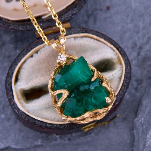 Lab Created Emerald Cluster Pendant Necklace 14K Yellow Gold