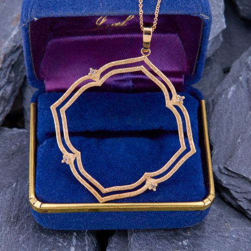Matte Gold Quatrefoil Diamond Pendant Necklace 14K Yellow Gold