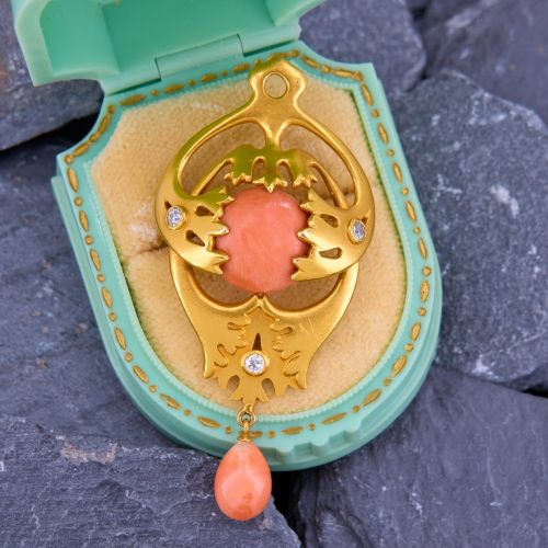 Circa Art Nouveau Diamond & Coral Brooch Pin 14K Yellow Gold