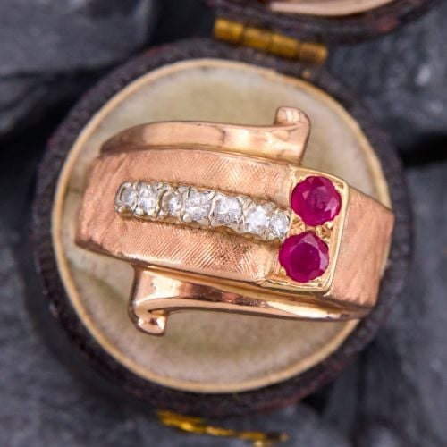 Retro 1940s Ruby & Diamond Scroll Ring Rose Gold