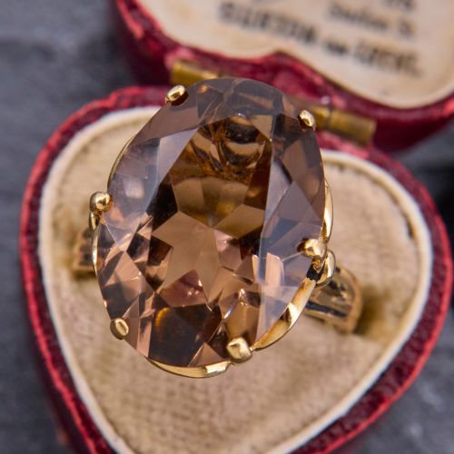 Oval Smoky Quartz Cocktail Ring w/ Antiquing 14K Yellow Gold
