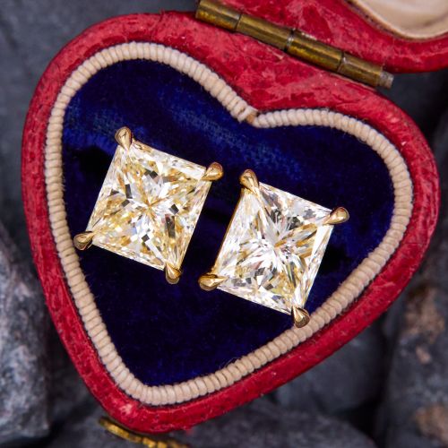 Rectangular Diamond Stud Earrings 18K Yellow Gold GIA