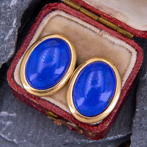 Oval Lapis Cabochon Earrings 14K Yellow Gold