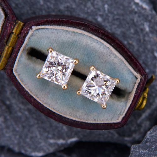 2 Carat Princess Diamond Stud Earrings 14K White Gold G/SI1 GIA