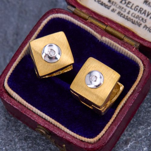 Gold Cube Earrings W/Diamond 18K Yellow & White Gold