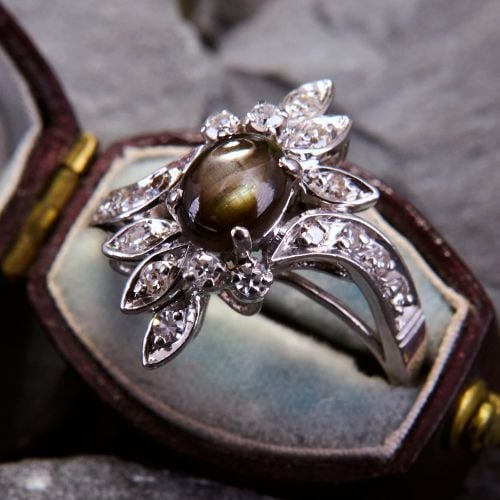 Black Star Sapphire Ring w/ Diamonds 14K White Gold
