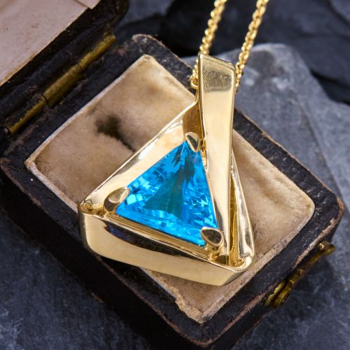 Fantasy Cut Blue Topaz Pendant Necklace 14K Yellow Gold